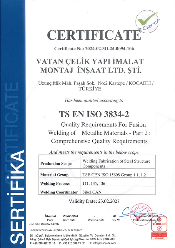TS EN ISO 3834-2 kalite sertifikası belgesi